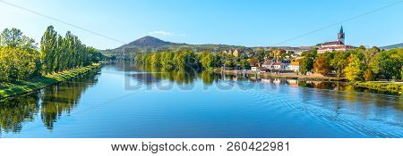 Radobyl Mountain In Ceske Stredohori, Central Bohemian Uplands. View From Labe River In Litomerice, 