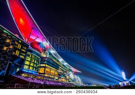 DUBAI, UAE - MAR 28: Meydan Hotel in Dubai, UAE, as seen on March 28, 2018. The Meydan is the worlds