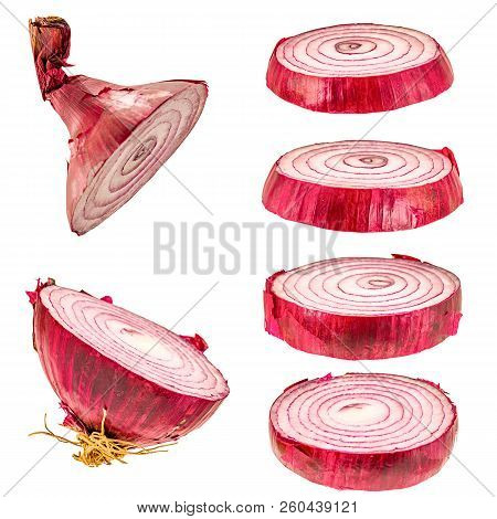 Slices Red Onion Flying Isolatedon White. Crative Flying Vegetable