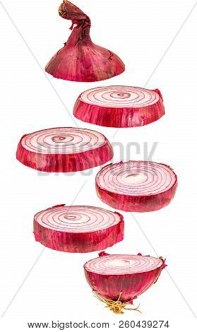 Slices Red Onion Flying Isolatedon White. Crative Flying Vegetable