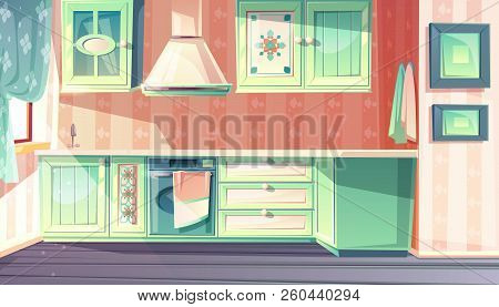Kitchen Interior In Retro Provence Style Vector Illustration. Cartoon Background Of Rustic Antique F