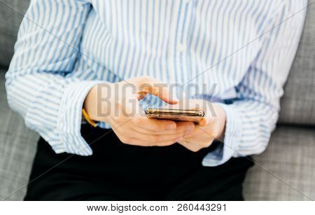 Paris, France - Sep 27, 2018: Detail Of Elegant Woman Testing The Newest Latest Iphone Xs And Xs Max