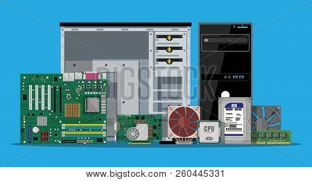Motherboard, Hard Drive, Cpu, Fan, Graphic Card, Memory, Screwdriver And Case. Set Of Personal Compu