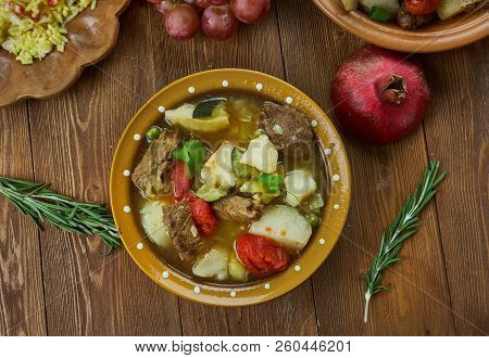Khashlama,ooked Veggie And Lamb Stew , Armenian, Georgian Cuisine, Traditional Assorted Dishes, Top 