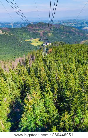 A Funicular Ride Over A Forest In The Mountains, A Beautiful Landscape