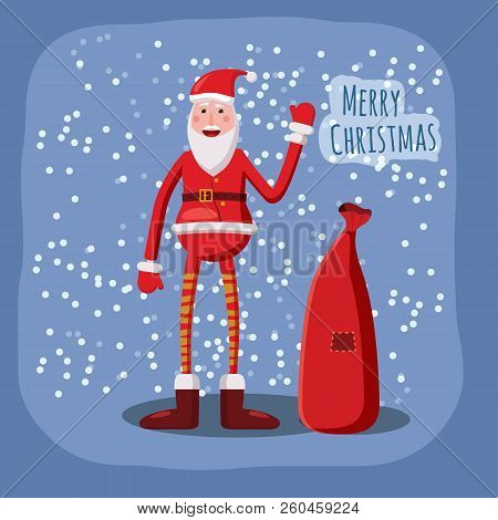 Funny Cute Santa Claus With A Bag Of Gifts Waving His Hand, Falling Snow, Snowflakes, Vector, Templa