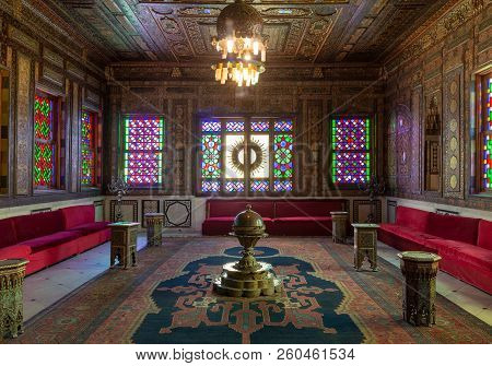 Cairo, Egypt - December 2 2017: Manial Palace Of Prince Mohammed Ali. Syrian Hall With Ornate Wooden