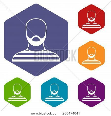 Bearded Man In Prison Garb Icons Set Rhombus In Different Colors Isolated On White Background