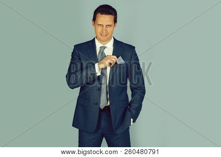 Man, Successful Businessman Or Handsome Manager Smiling With Business Or Bank Card In Pocket Of Styl