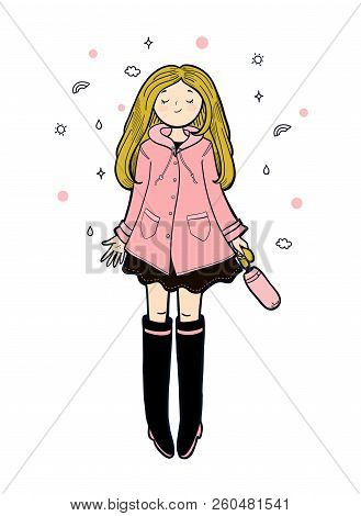 Young Woman In A Pink Slicker Is Enjoying Autumn Weather. Vector Illustration.