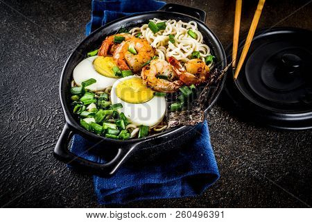 Traditional Asian Food, Ramen Soup With Shrimp, Noodles, Spring Onion, Sliced Eggs, Mushrooms, On Da