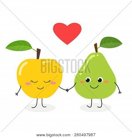 Vector Flat Illustration Of Cute Cartoon Pear And Apple In Love, Isolated On White Background