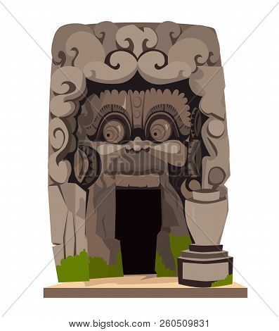 Goa Gajah Temple Vector Illustration. Ethnic Historical Elephant Cave Isolated On White Background I