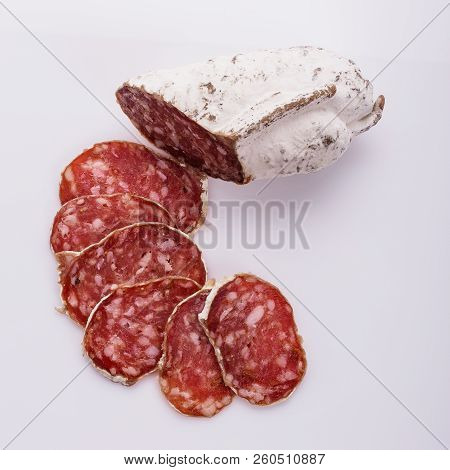 Saucisson Sec Delicious French Salami On A White Background