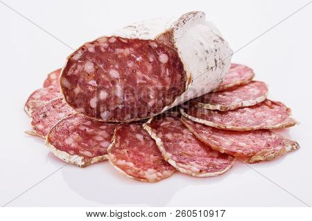 Saucisson Sec Delicious French Salami On A White Background
