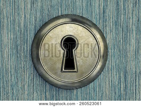 Old Rusty Keyhole On A Wooden Door Close-up. 3d Rendering