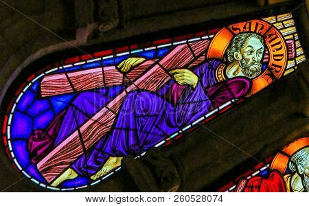 Viana Do Castelo, Portugal - August 4, 2014: Stained Glass Window Depicting Saint Andrew Or Andreas 