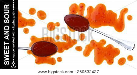 Splach Of Sweet And Sour Sauce With Spoon Isolated On White Background. Top View