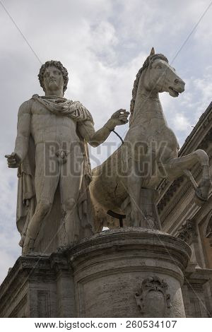 Rome Italy Capitoline Hill Statue Of Pollux With Horse. Marble Statue At The Right Side Of The Stair