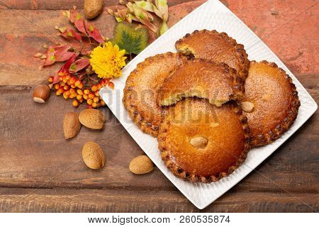 Round Dutch Homemade Cookies Filled With Marzipan And Almonds Nuts, Autumn And Winter Seasonal Desse