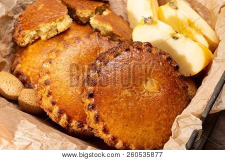 Round Dutch Homemade Cookies Filled With Apples And Almonds Nuts, Autumn And Winter Seasonal Dessert