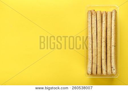 Grissini Italian Bread Sticks. Traditional Salted Snack With Herbs. Place For Text