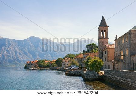 Beautiful Mediterranean Landscape. Montenegro, Adriatic Sea, Bay Of Kotor.  View Of Ancient Town Of 