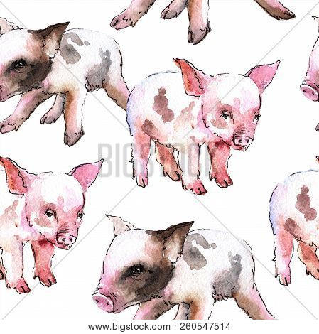 Pink Pig Wild Animal In A Watercolor Style Isolated. Seamless Background Pattern.