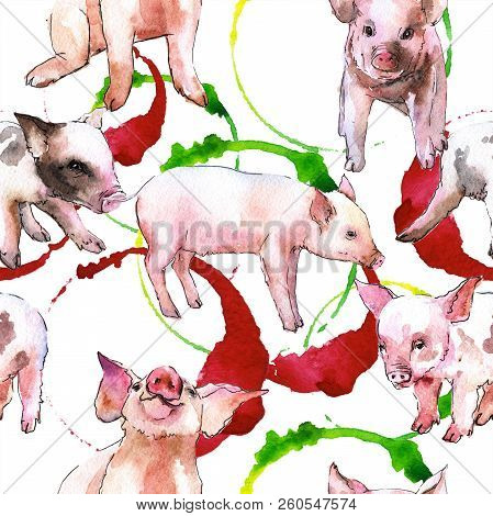 Pink Pig Wild Animal In A Watercolor Style Isolated. Seamless Background Pattern.