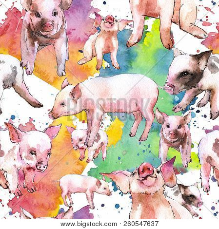 Pink Pig Wild Animal In A Watercolor Style Isolated. Seamless Background Pattern.