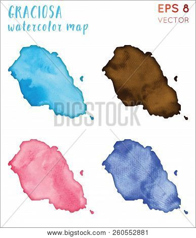 Graciosa Watercolor Island Map. Handpainted Watercolor Graciosa Map Set. Vector Illustration.