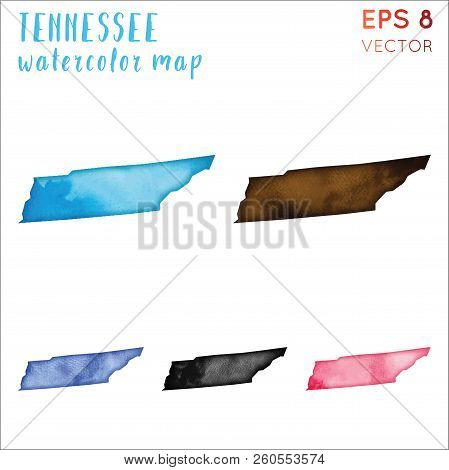 Tennessee Watercolor Us State Map. Handpainted Watercolor Tennessee Map Set. Vector Illustration.