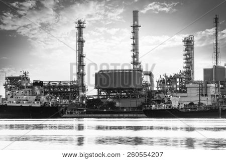 Oil Refineries And Evening Light, Black And White Image