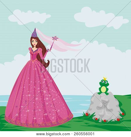 Frog With A Crown And Fairy , Vector Illustration
