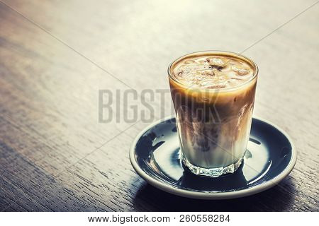 Close-up Ice Coffee On Barcounter In Coffee Shop.