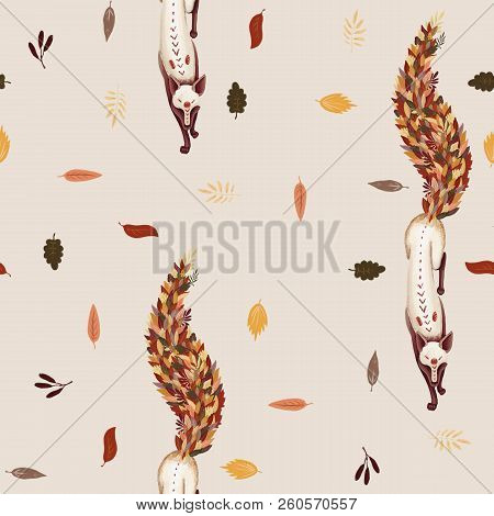 Seamless Pattern. Fox With The Tail Of Fallen Autumn Leaves. Leaf Fall. On A Light Beige Background.