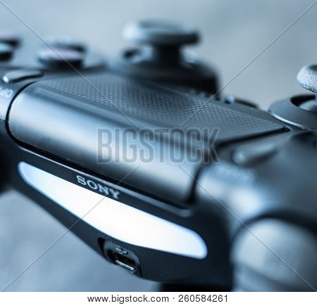 Khakiv, Ukraine - 02 May 2018: Close-up of black authentic dualshock game controller. Sony Playstation PS gamepad
