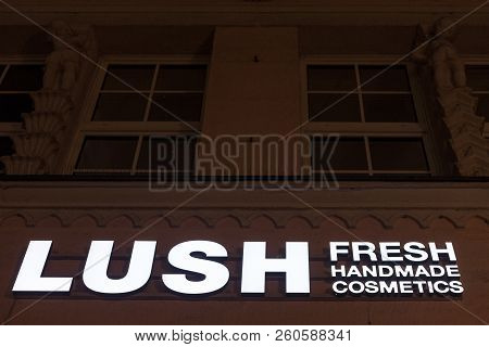 Munich, Germany - December 17, 2017: Lush Cosmetics Logo On Their Main Store In Munich, Germany. Lus