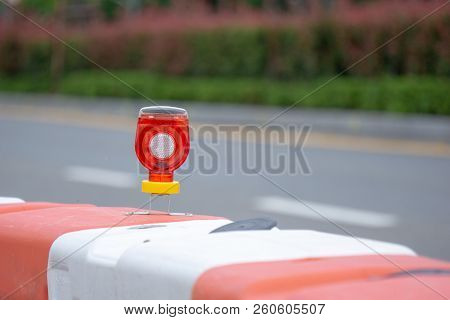 Led Light Bulb Attached To Street Barriers Use For Fraffic Precaution Signal In The Night On The Roa