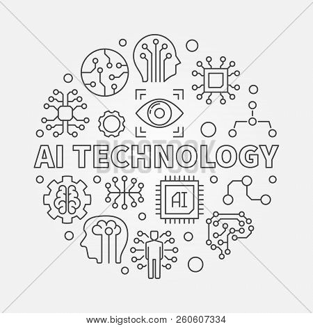 Ai Technology Round Illustration. Artificial Intelligence Vector Concept Circular Symbol In Thin Lin