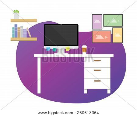 A Computer Workspace Desk Table With Monitor Screen And Bubble Gradient Color