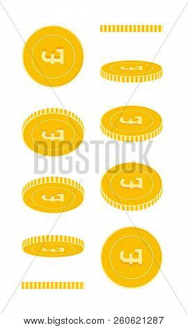 British Pound Coins Set, Animation Ready. Gbp Yellow Coins Rotation. United Kingdom Metal Money In D