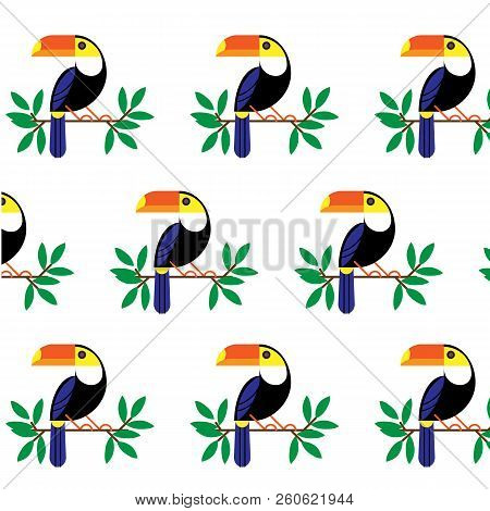 Vector Illustration With Tropical Leaves And Bird Toucan On A Branch.exotic Bird Isolated On White B