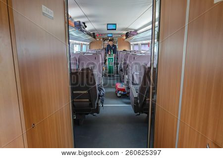 Shanghai/china -  January 24 2015: Train Attendant In High Speed Train From Yiwu City To Shanghai Ci