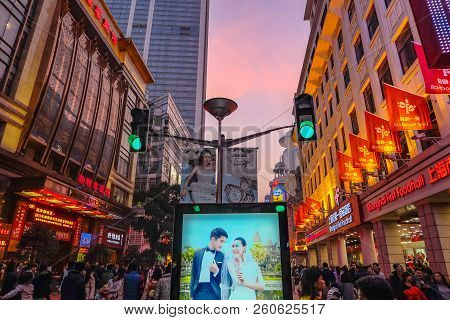 Shanghai/china -  January 24 2015: People Walking In Nanjing Road Walking Street In Shang Hai City C