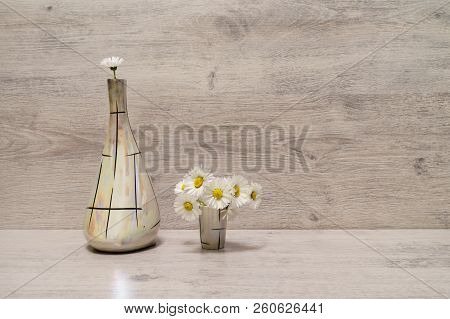 Summer Creative Still Life In Minimal Style. White Marguerite Daisy Flowers In Vintage Pearl Flagon 