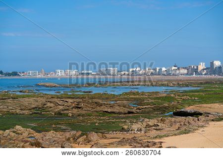 Distant Panorama View Of The Beach Rocks And Cityscape Of Les Sables D Olonne In Vendee France
