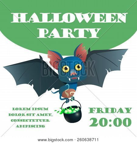 Happy Halloween Lettering And Bat Carrying Cauldron With Potion. Invitation Or Advertising Design. T