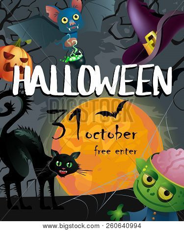 Halloween, October Thirty First Lettering With Cartoon Characters. Invitation Or Advertising Design.
