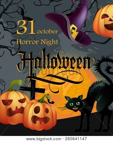 Halloween, October Thirty First Lettering With Pumpkins And Cat. Invitation Or Advertising Design. H
